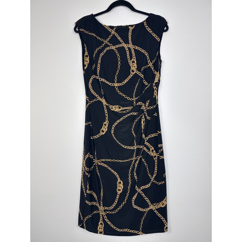 Lauren Ralph Lauren Black Gold Chain Link Print Sheath Dress Gathered Waist 10
